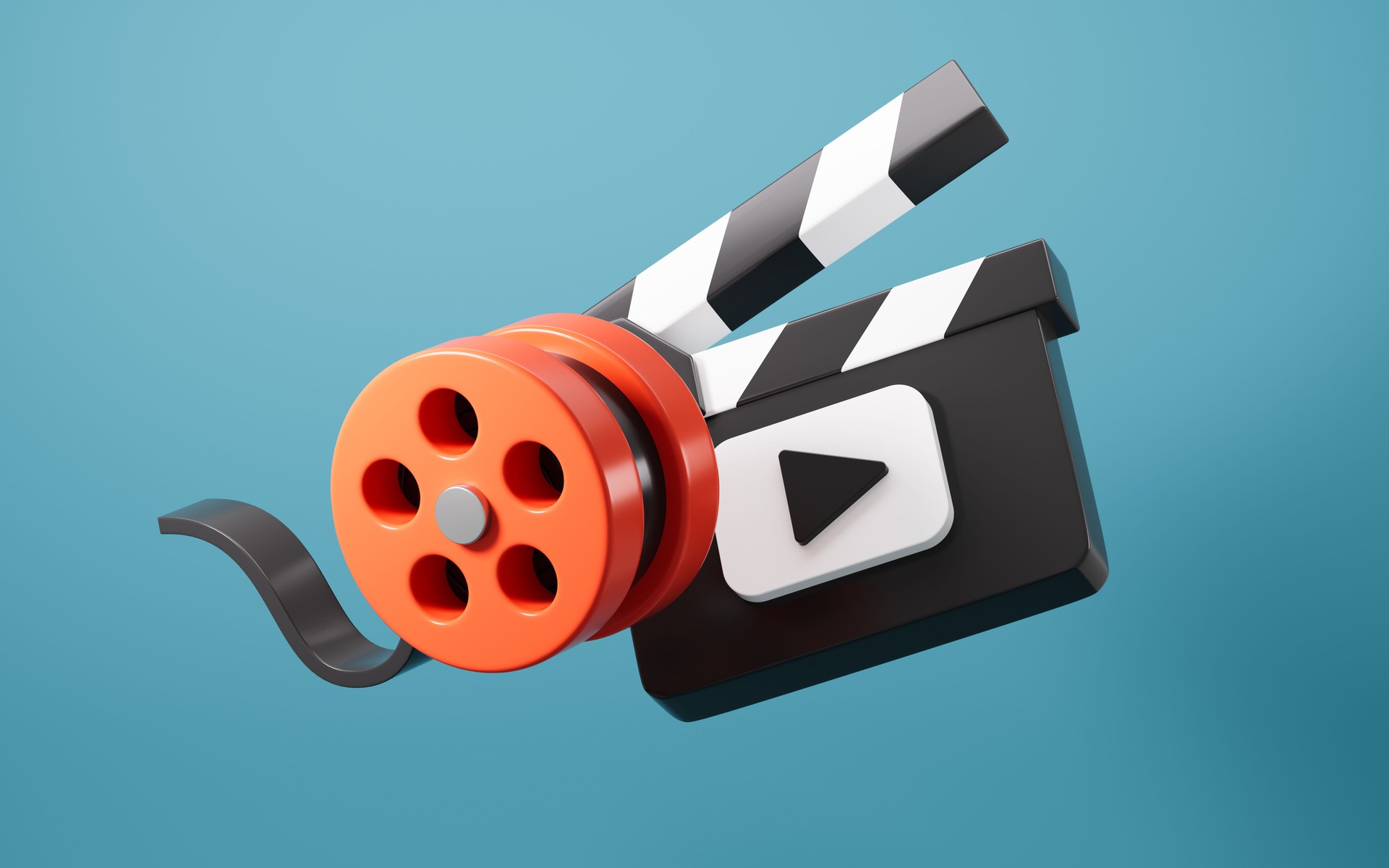 Cartoon film reel and clapper board on cyan background, 3d rendering.